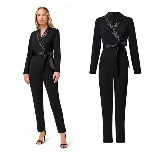 NEW NWT Adrianna Papell Womens Stretch Crepe Tuxedo Jumpsuit Sequin Lapel size 4 - Picture 1 of 8